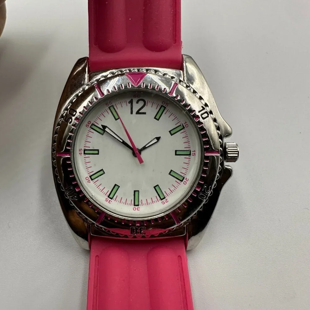 3/$30 Women Watch Pink Jelly Silicone Band Silver Tone Case Sport New Battery